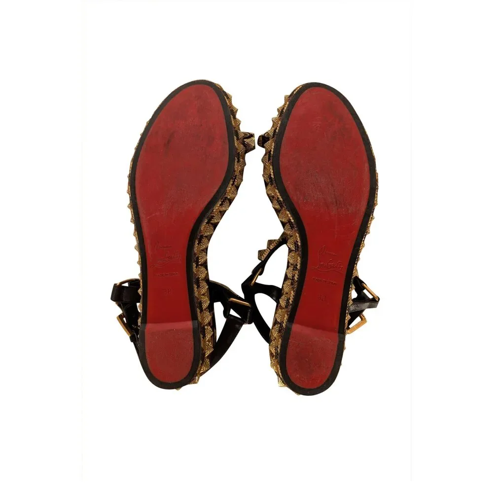 Christian Louboutin - Gold & Black Print Wedge Pyraclou Sandal Heels Sz 8